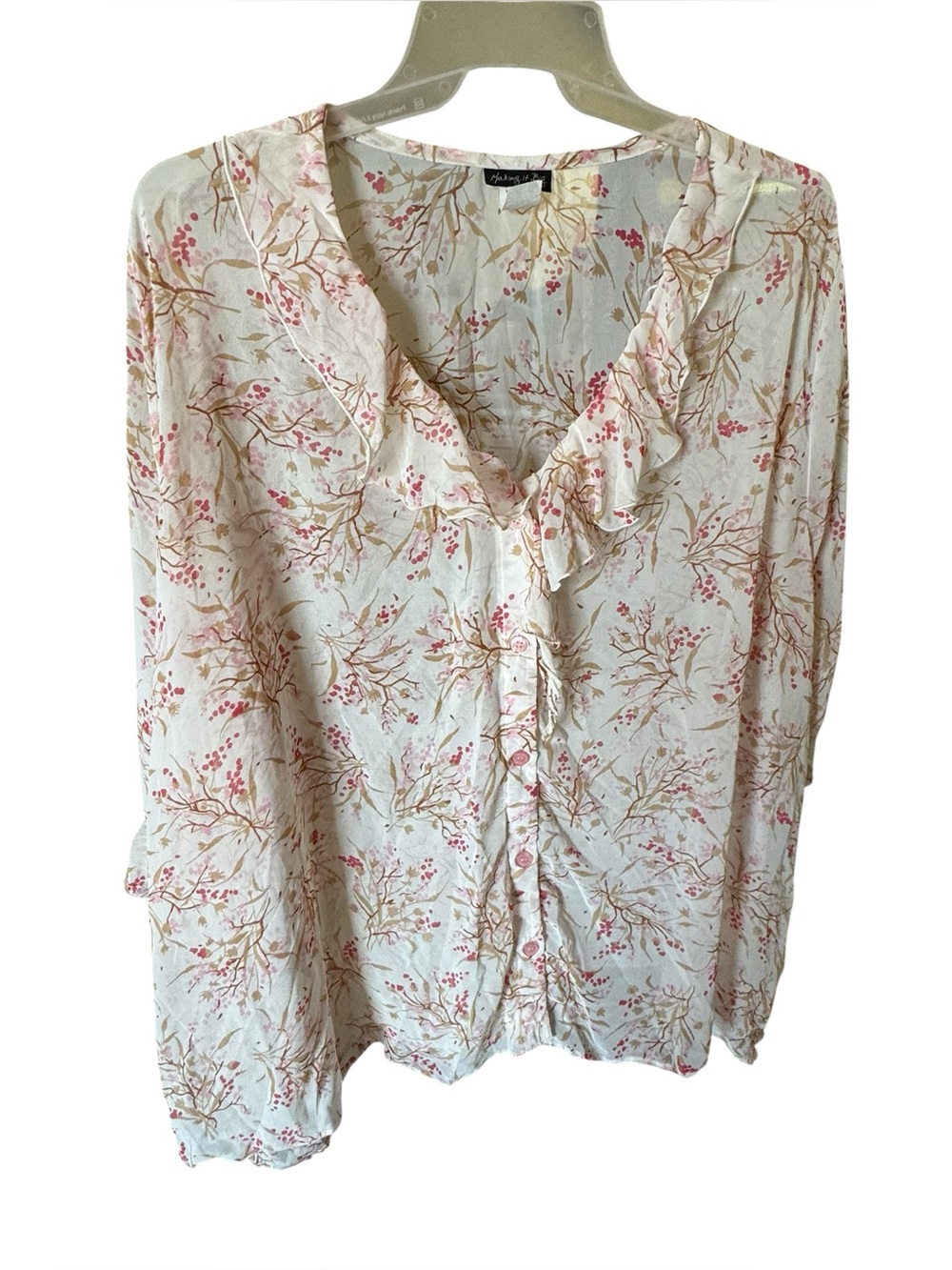 Light Cream Floral Ruffle V-Neck Blouse